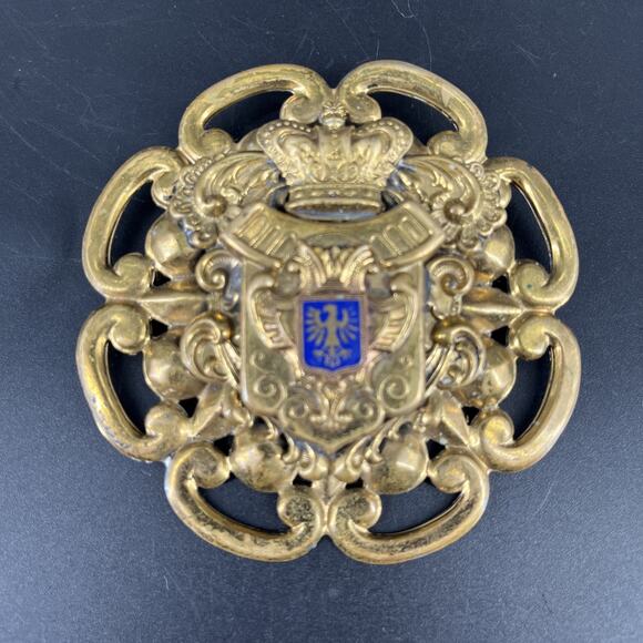 Vintage Brass Heraldry Crown Pin Brooch Large Ornate Layered Design - Picture 1 of 14